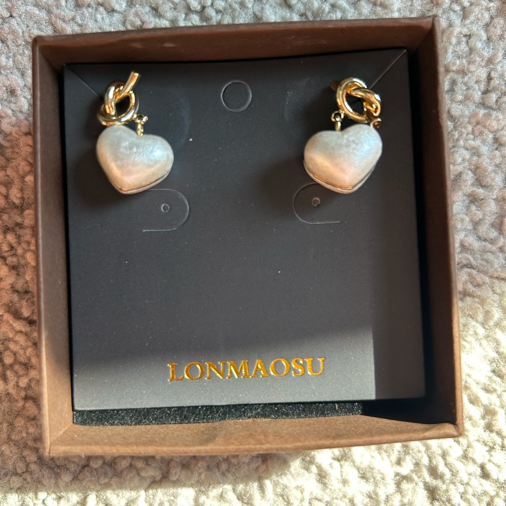Gold and White Heart Earrings
